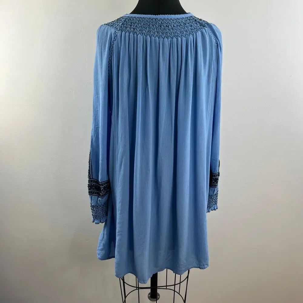 FREE PEOPLE Wind Willow Womens River Skies Blue Embroidered Boho Mini Dress XS